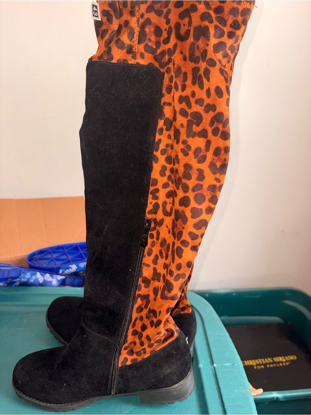 Black Suede Knee-High Boots with Leopard Lining
